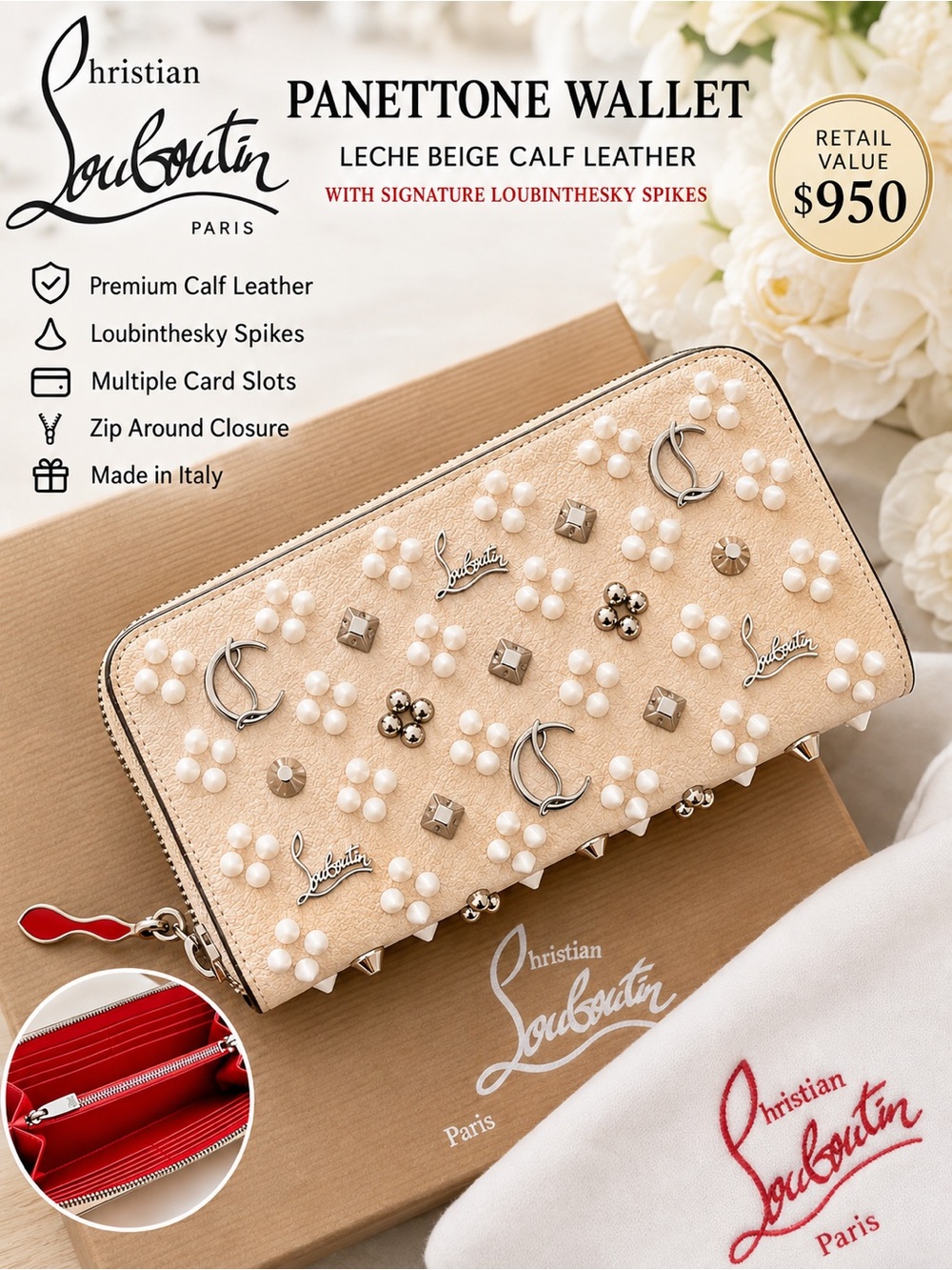 Christian Louboutin Panettone Zip Around Wallet Loubinthesky Spikes Calf Leather